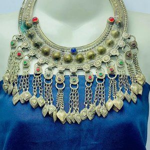 Vintage Turkmen Torque Choker Necklace, Torque Choker Necklace with Dangling